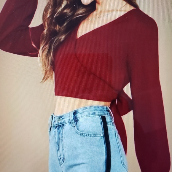 Tie V-back Wrap Crop Top size M Burgundy - Picture 6 of 7